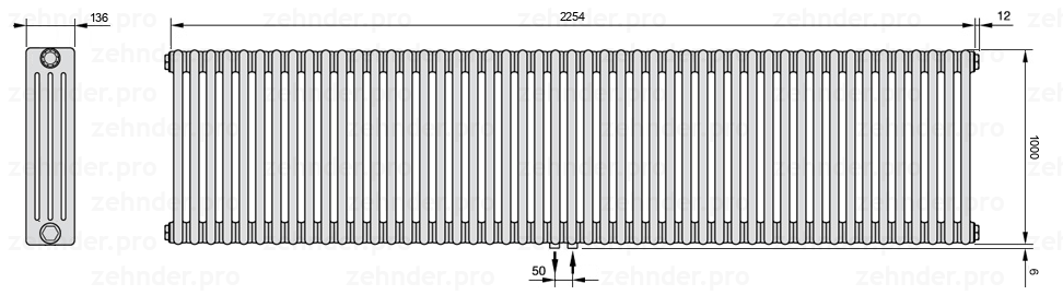 Схема (чертеж) Радиатор Zehnder Charleston 4100/49 №5410 Белый глянцевый RAL 9016